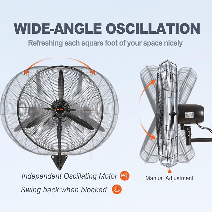 VEVOR 30 Inch Wall-Mount Misting Fan, 3-speed IP44 Waterproof Oscillating, Max. 9500 CFM Wall Mounted Fan for Outdoor, Commercial, Residential, Greenhouse, Workshop, Patio, Black, ETL Listed