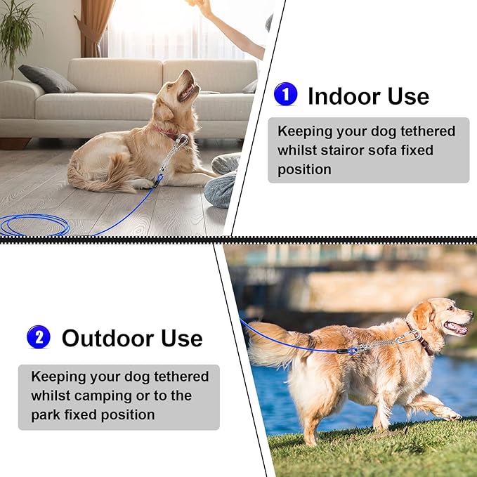 Jenico Dog Tie Out Cable, 10-150FT Runner Cable with Swivel Hook and Shock Spring, Yard and Camping Dog Leash Tether for Small to Medium Pets Up to 500 LBS