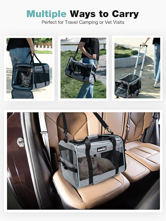 Cat Dog Carrier with Wheels Airline Approved Rolling Pet Carrier with Telescopic Handle, Shoulder Strap and Pet Bowl, Grey
