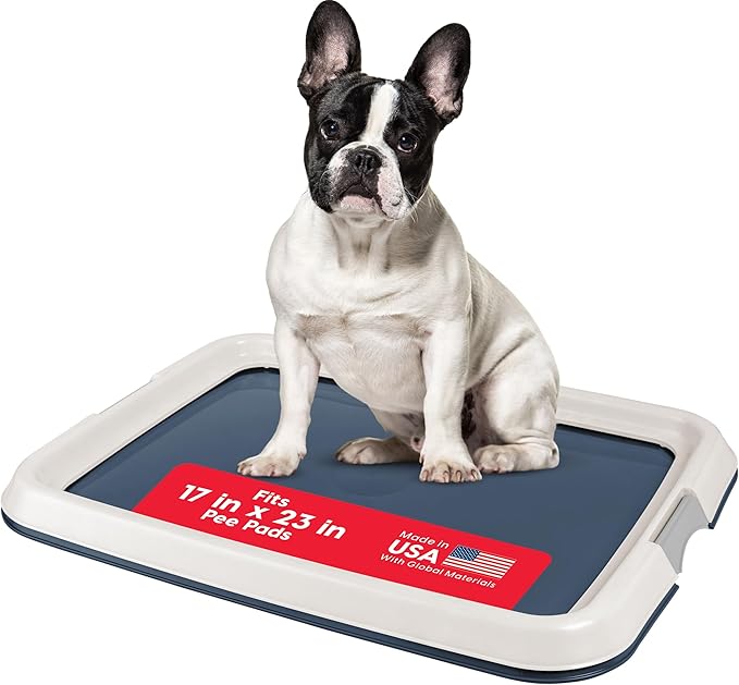 IRIS USA Pee Pad Holder - For Small Sized Dog and Puppy Pee Pads, Secured Latches, Non-Skid Feet, High Polish Finish for Easy Cleaning, Leak Protection, Fits 17"x23" Pad, Navy