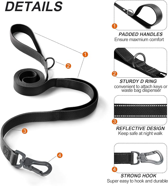 TwoEar 4FT 1IN Strong Black Dog Leash with 2 Padded Handles, Traffic Handle Extra Control, Comfortable Soft Dual Handle, Auto Lock Hook, Reflective Walking Lead for Small Medium and Large Dogs