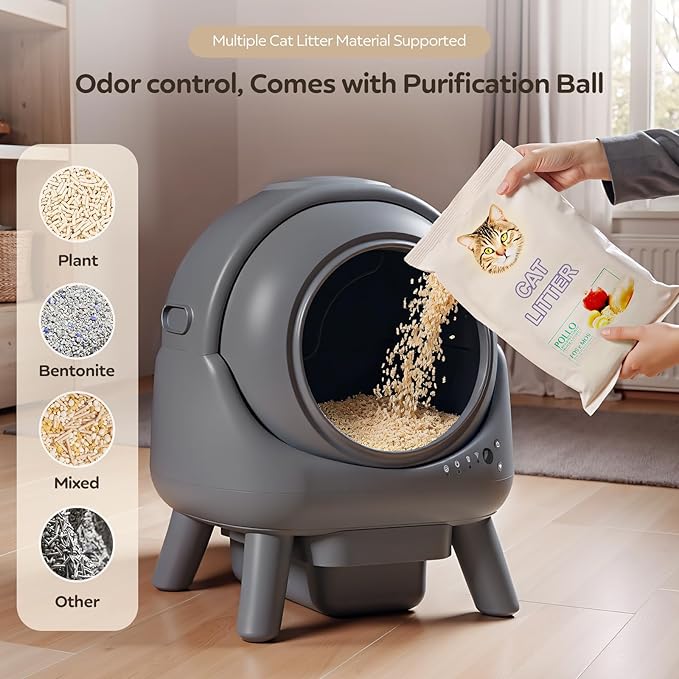 Self Cleaning Litter Box for Multiple Cats – Automatic Cat Litter Box with App Control, Odor-Free Waste Disposal, Dual Safety Sensors, Litter Bags, Grey-Qx2