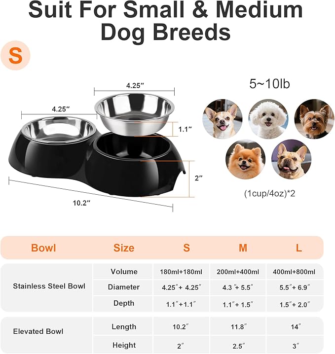 Stainless Steel Dog Bowls Set – Dual Non-Slip Pet Dishes with 2 Small (1 Cup*2) Bowls & Durable Resin Stand – Food & Water Feeder for Puppies, Cats, and Medium Dogs – Black