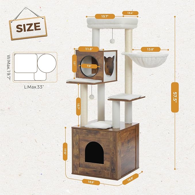PEQULTI 57.5" Cat Tree with Litter Box Enclosure Large, Wood Cat Tower for Indoor Cats with Storage Cabinet and Cozy Cat Condo, Sisal Covered Scratching Post and Repalcable Dangling Balls, Brown