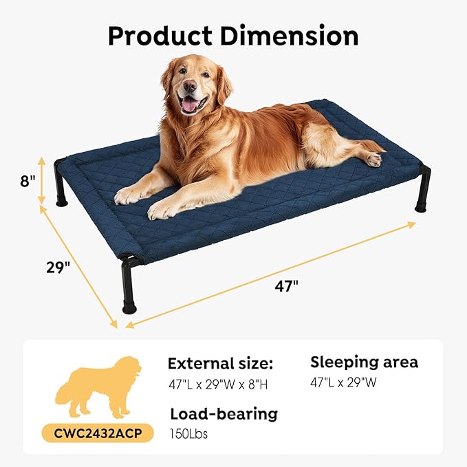 Veehoo Soft Plush Elevated Dog Bed, Raised Dog Beds with Heavy Duty Frame, Non-Slip Silicon Feet, Washable & Breathable Pet Cot for Indoor or Outdoor Use, 47" x 29", Navy Blue, CWC2432A
