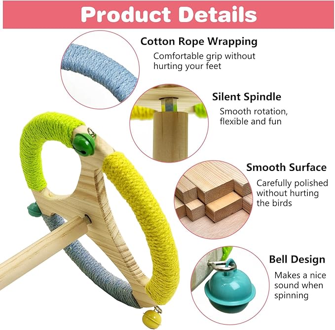 PINVNBY Hanging Bird Stand Perch Toy Wooden Spinning Parrot Perch with Cotton Rope and Bell Interactive Cockatiel Toy Bird Cage Accessories for Parakeets Conures Budgies Finches Lovebirds
