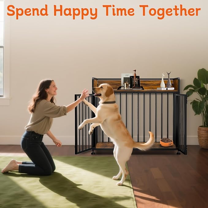 Dog Crate Furniture End Table with Table Guardrail, Heavy Duty Large Dogs Cage, 42 Inch Dog Kennel, Medium Large Dogs House Decorative Pet Crate Indoor