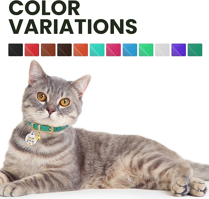 BRONZEDOG Leather Cat Collar with Removable Bells Non Breakaway Kitten QR Tag for Girl Boy (7" - 9" for Cats, Purple & Gold)