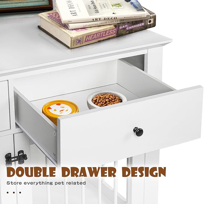 LEMBERI 44 Inch Large Dog Crate Furniture, Wooden Dog Kennel End Table with Storage Drawers, Decorative Pet Cage Dog House Indoor for Dogs