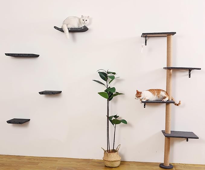 Wall Mounted Cat Shelves and Perches,Scratchable Cat Beds & Furniture for Indoor Cats, Soft PET Felt Feline Climbing Wall Set, Modern Jungle Gym System for Lounging and Sleeping (Set of 4-Grey)