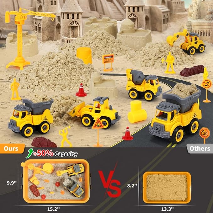 OENUX Play Sand Construction Set, Beach Building Castle Kit w/ 2.2lbs Play Sand, 4 Take Apart Construction Trucks Toys and Signs, Sensory Sandbox with Cover for Boy Girl Kid Toddlers Age 3-8
