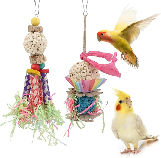 Wontee Bird Toys Colorful Shredding Crinkles Foraging Toys Natural Sola Ball for Parrots Cockatiels Conures Parakeets Budgies Senegal (Sola Ball (2 Pack))