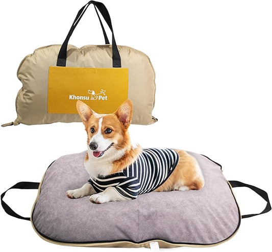 Portable Waterproof Dog Mat for Camping, Patio & Travel - Foldable Outdoor Dog Bed with Teflon Shell & Removable Plush Pad - Easy Clean, Durable - M (Khaki)