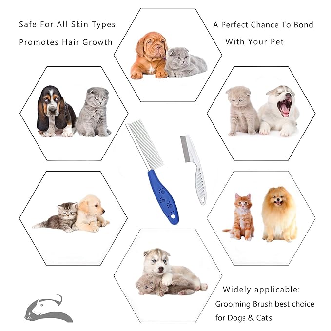 Pet Comb for Dogs & Cats,Small Dog & Cat Grooming Comb 2 Combs,Pet Stainless Steel Teeth Cats Comb for Removing Matted Fur, Knots & Tangles,Shedding Comb,Blue