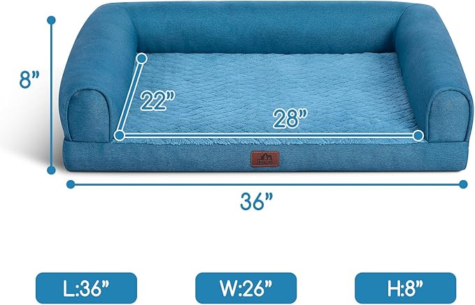 Hollypet Orthopedic Dog Bed for Large Dogs, Supportive Foam Pet Couch with Removable Washable Cover and Non-Slip Bottom, Waterproof Lining Dog Sofa Bed, Blue, L (36 * 26 * 8)