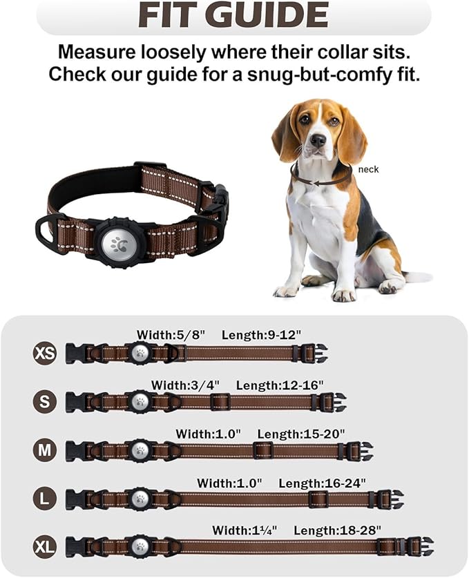 TagME Airtag Dog Collar,Waterproof Reflective Pet Collar with Airtag Holder,Soft Padded and Double D-Rings for Extra Large Dogs,Brown
