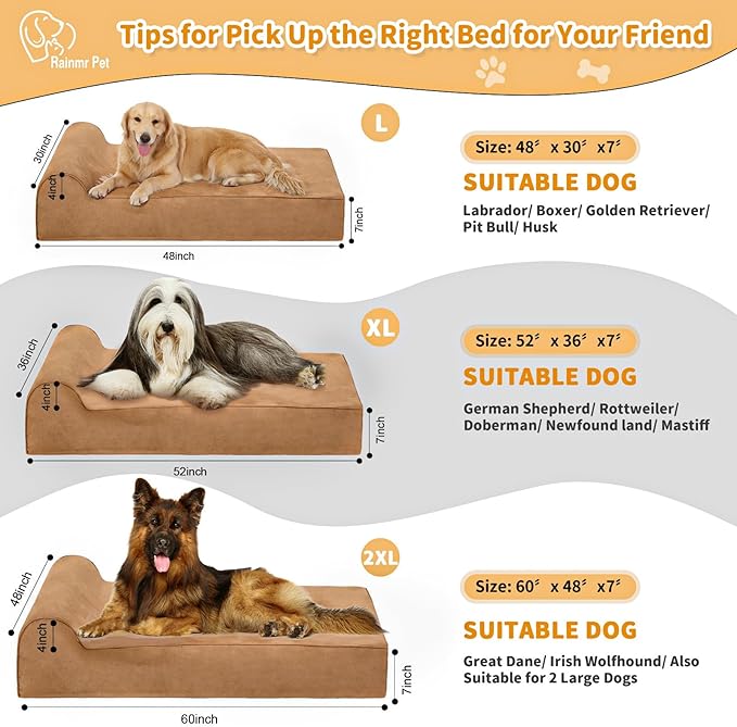 Orthopedic Dog Beds for Large Dogs, 7" Memory Foam Dog Beds with Waterproof Liner, Chew Proof Microsuede Cover, Removable and Washable, Nonskid Bottom, 60"x48" XXL Khaki