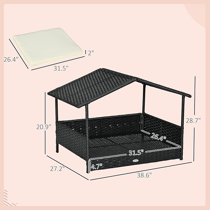 PawHut Wicker Dog House Outdoor with Canopy, Rattan Dog Bed with Water-Resistant Cushion, Raised Dog Bed for Small, Medium Dogs up to 66 lbs, 19.75" in Length, Black Wicker, White Cushion