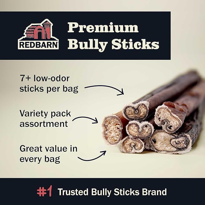 Redbarn Pet Products All Natural 8-12" Bully Sticks for Medium/Large Dogs - Healthy Long Lasting Chews Variety Party Pack - 100% Beef Single Ingredient Low Odor Rawhide Free - 1lb - Packaging May Vary