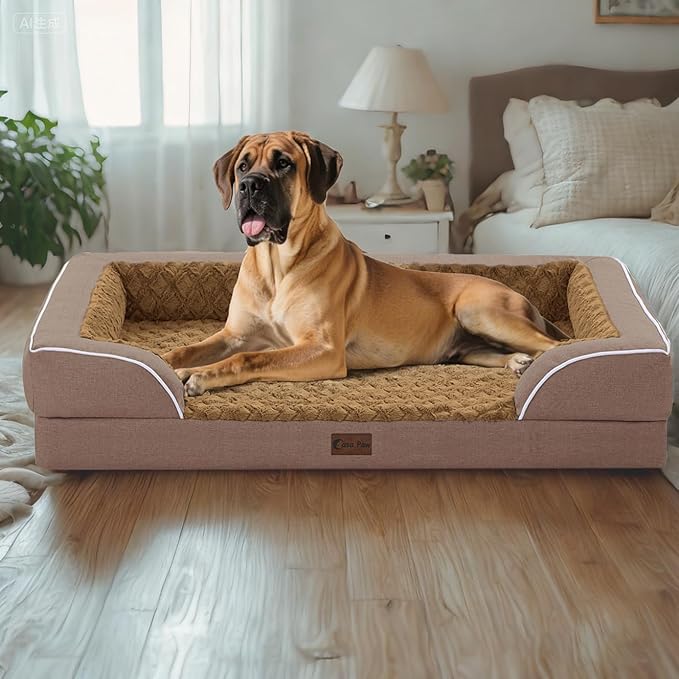 Orthopedic Waterproof Dog Bed for Extra Large Dogs, Memory Foam XL Dog Bed with Sides, Egg-Crate Foam and Non-Slip Bottom Jumbo Dogs Couch Beds with Washable Removable Cover(Jumbo,Brown)