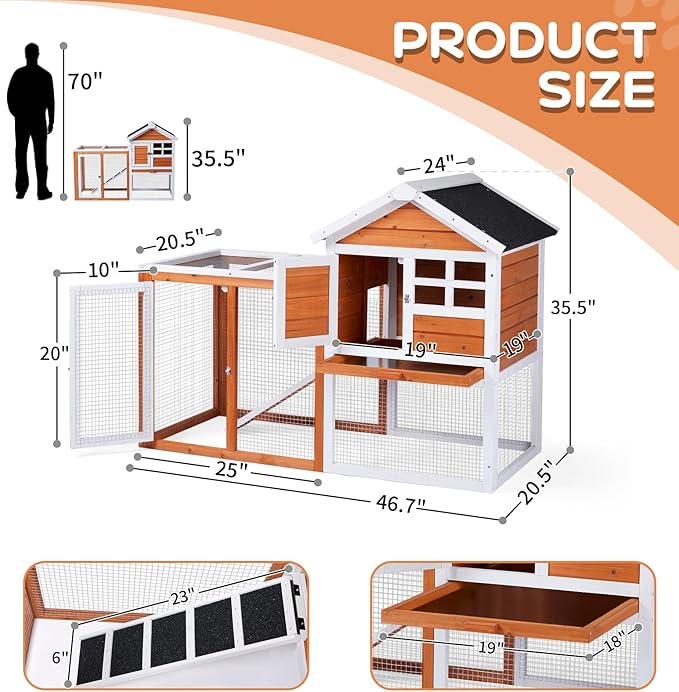 Outvita Rabbit Hutch, Small Wood Chicken Coop, 48" Guinea Pig Cage w/Pull-Out Tray, Waterproof Asphalt Roof, Chicken Run, Interactive Door for Small Animal Pen Outdoor