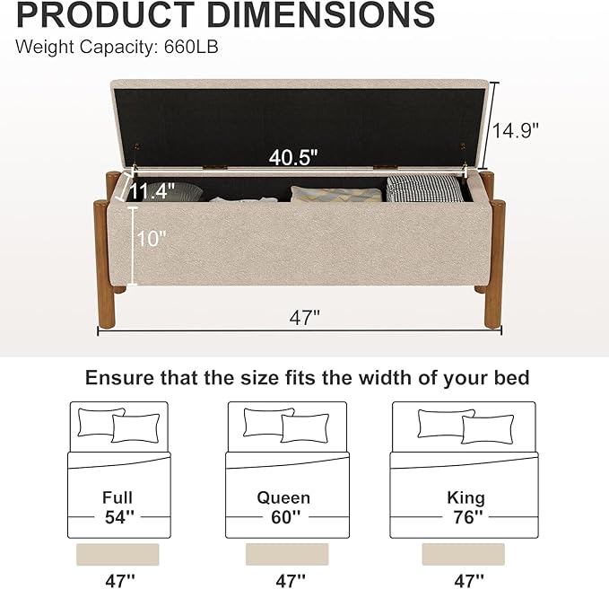 Storage Ottoman Bench, End of Bed Bench for Bedroom, 47" Boucle Upholstered Entryway Shoe Seat Bench, Holds up to 660 lb Storage Ottoman, Padded Blanket Chest Stool Foot Rest for Living Room Beige