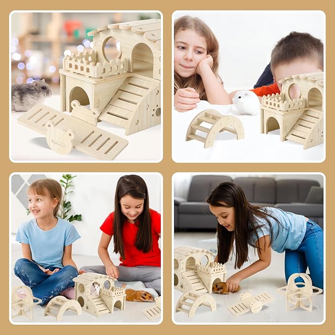Wooden Hamster Toys 5-Piece Set - Natural Wood Hamster House, Swing, Climbing Ladder, Seesaw & Exercise Wheel - Small Animal Habitat Accessories for Dwarf Hamsters, Gerbils, Mice