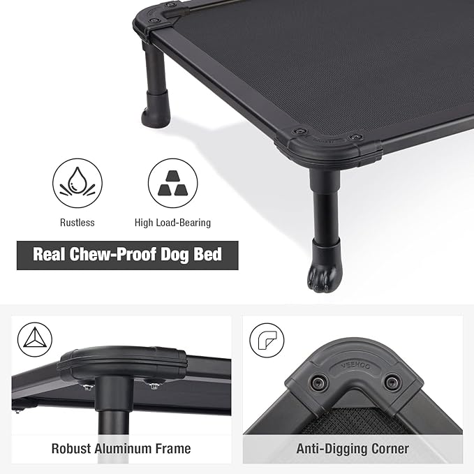 Veehoo Chew Proof Elevated Dog Bed - Cooling Raised Pet Cot - Rustless Aluminum Frame and Durable Textilene Mesh, Unique Designed No-Slip Feet for Indoor or Outdoor Use, Black, Medium, CWC2002