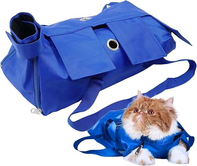 Kukaster Pet Cat’s Restraint Bag for Claw Care Nail Trimming Anti-Scratching Grooming Bag for Cats Medical Examination(Blue-l)