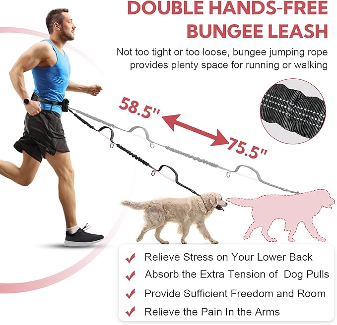 Hands Free Dog Leash, Waist Leash for Dog Walking, Hiking and Running,Adjustable Belt with Double Handle, Dog Leash for Large Dogs and Medium Dogs, Dog Walking Accessories,Tangle Free,No Pull