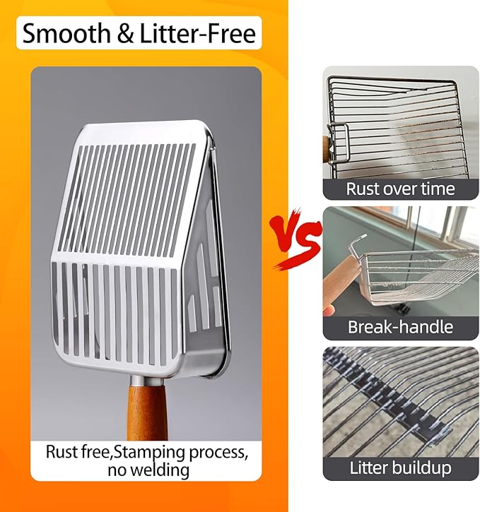 304 Stainless Steel Cat Litter Scoop, One-Piece Pressed Design with No Weld Spots, Durable Anti-Break Handle, Dual Slot Sizes, Easy to Clean, Filters Small Litter Clumps Litter Scoop