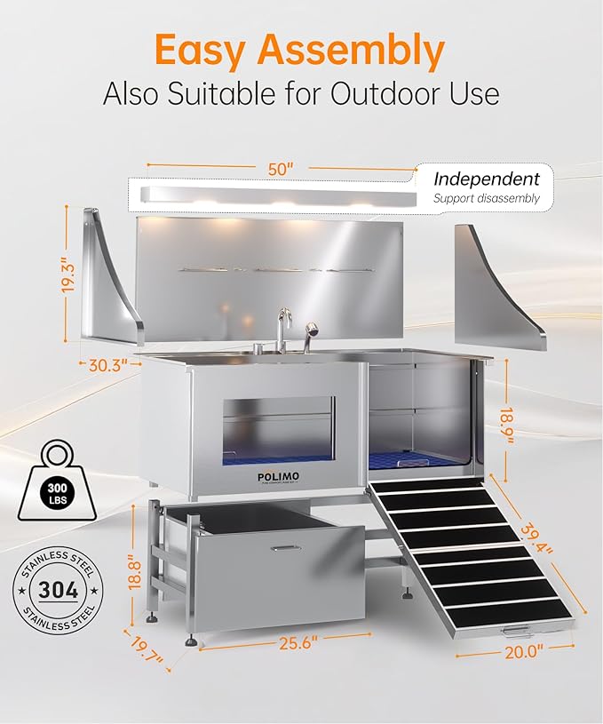 POLIMO Dog Washing Station, LED Professional Stainless Steel Dog Bathing Station 50", Dog Grooming Tub for Large, Medium & Small Dog - with Window, Ramp, Drawer, Floor Grate & Faucet (Right RAMP, 50")