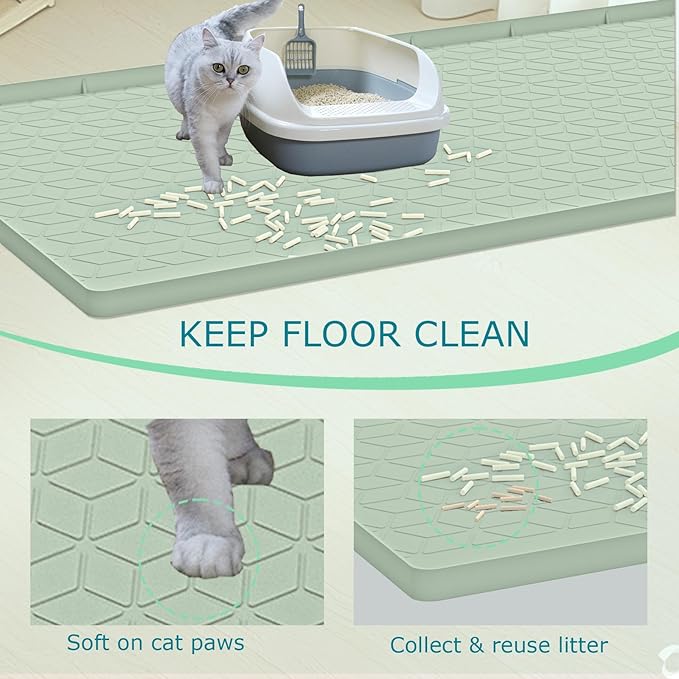 Cat Litter Mat, Silicone Large Cat Mat for Litter Box - 28x22 in, Waterproof & Non-Slip, Durable & Easy Clean, Green