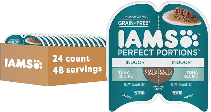IAMS Perfect Portions Indoor Adult Wet Cat Food Cuts in Gravy, Tuna Recipe, 2.6 oz. Easy Peel Twin-Pack Trays (24 Count, 48 Servings)