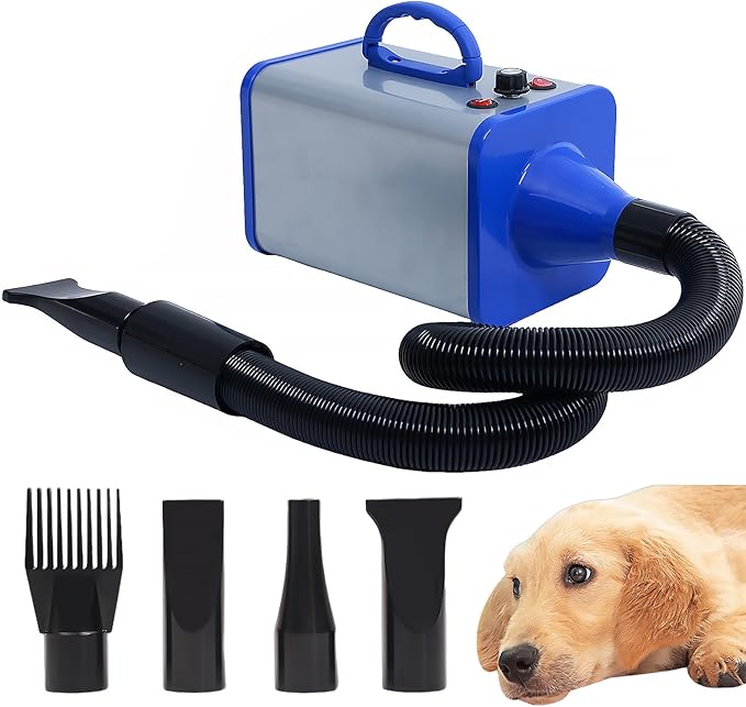 2400w 75m/s Dog Dryer for Pet Grooming, High Velocity Pet Hair Dryer with Heater, Adjustable Speed, 4 Nozzles and a Comb, Blue