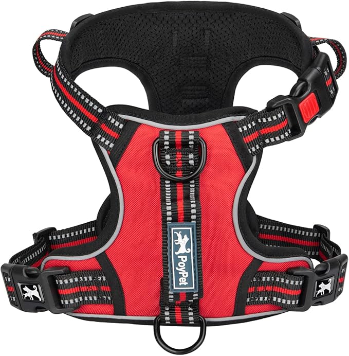PoyPet No Pull Dog Harness, No Choke Front Clip Reflective Dog Vest with Soft Padded Vertical Handle, 3 Leash Attachments for Small Medium Large Dogs (Red,M)