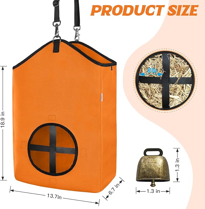 3 PCS Goat Hay Feeder,Hay Bags for Horses,Goats,Donkeys with Reinforced Oxford Fabric and High Strength Metal Clasp,Horse Feeding Supplies with Adjustable Strap for Easy Hanging (2Orange+1Black)