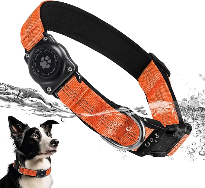 Upgraded AirTag Dog Collar, IP68 Waterproof Air Tag Dog Collar Holder, Reflective, Ultra-Durable, Comfortable Padded, Heavy Duty Dog Collars for Small Medium Large Dogs (S (10.6"-13.6"), Orange)