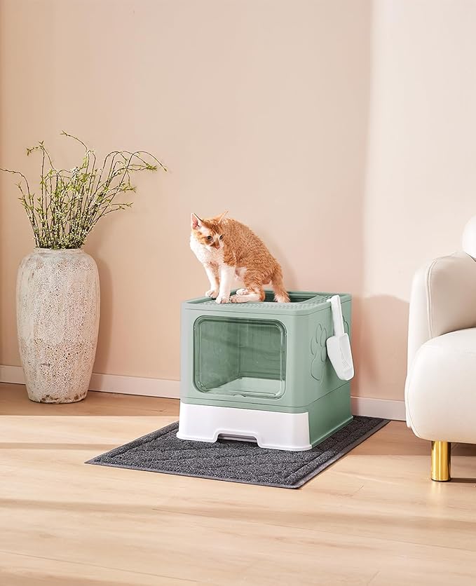 Cat Litter Box with X-Large Litter Mat and Scoop, Large Foldable Litter Box with Lid, Enclosed Kitty Box,Front Top Entry Exit, Odor Control Easy to Clean (Upgrade Green)