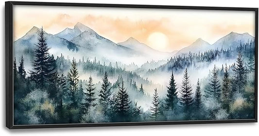 Large Misty Mountain Forest Wall Art for Living Room, Framed Foggy Sunrise Landscape Wall Decor Oversized Watercolor Canvas Painting Modern Artwork Home Decoration for Bedroom Office 60"x30"