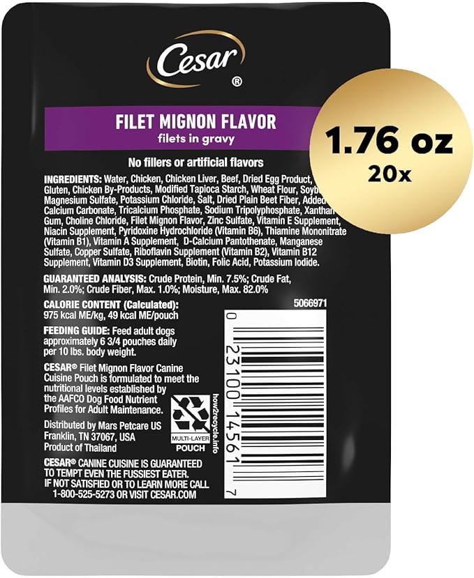 Cesar Filets in Gravy Wet Dog Food Filet Mignon Flavor, 1.76 oz. Mini-Pouch (20 Count, Pack of 1)