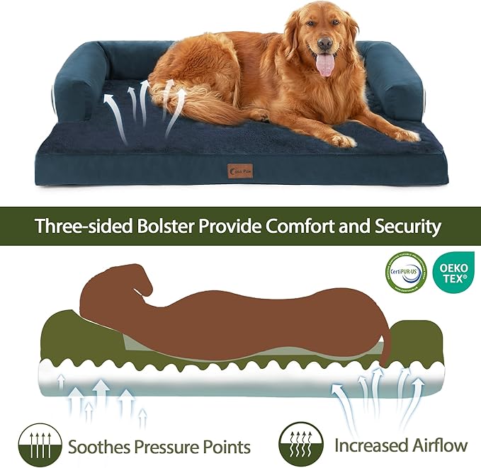 Orthopedic Dog Beds for Large Dogs, Waterproof Memory Foam Dogs Couch Beds, Comfy Bolster Pet Beds with Removable Washable Cover, Nonskid Bottom (Large,Navy Blue)