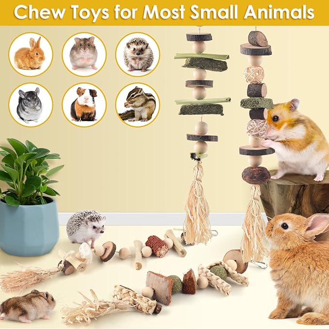 4 Pcs Bunny Chew Toys for Teeth, Hanging Rabbit Chewing Toy Treats with Timothy Grass & Natural Apple Wood, Improve Small Rodent Dental Health for Guinea Pig Hamster Chinchilla Rat Gerbil