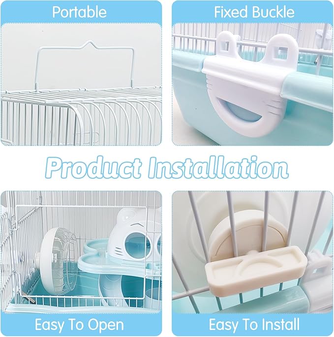 PINVNBY Dwarf Hamster Cage, Small Animal Cages, 2-Tier Travel Portable Mouse Cage Hamster Carrier with Castle House Running Exercise Wheels, Water Bottle and Food Dis（Blue）