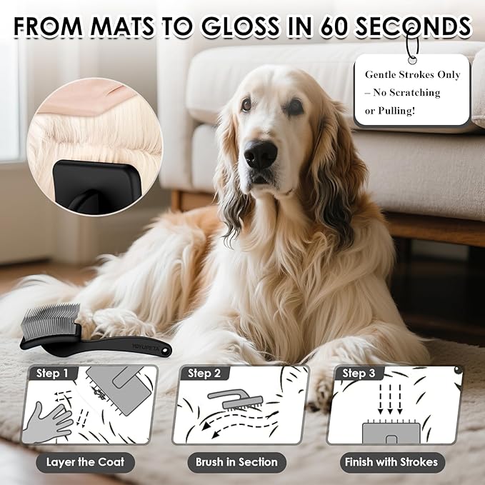 Large Slicker Brush for Dogs - 3PC Pet Grooming Kit - Undercoat Rake & Stainless Comb | Long Pins Remove Mats on Poodles, Golden, Labradoodles | Thick Coat Deshedder for Dogs, Cats, Black