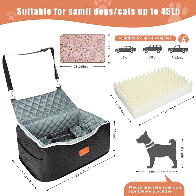 Memory Foam Booster Dog Car Seat for Medium Dogs (Under 45LBS): Elevated, Detachable Washable, Anti-Slip, for Car Back Seat, Travel Pet Bed with Seat Belt