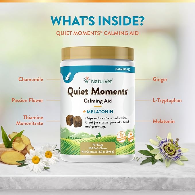 NaturVet Quiet Moments Calming Dog Supplement, Dog Soft Chews with Melatonin to Help Reduce Stress from Storms, the Vet, Fireworks, and Travel, Bacon and Chicken Flavored Pet Supplement, 180 Count Jar