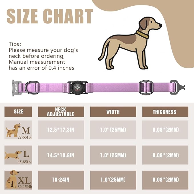 AirTag Dog Collar - Leather Dog Collar with Airtag Holder | IP68 Waterproof AirTag Holder with Metal Buckle, Comfortable GPS Dog Collars Tracker for Medium Large Dogs (Rose Gold, M)