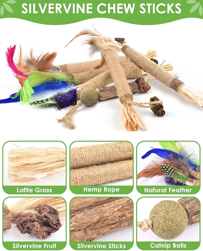 TINDTOP Cat Chew Toys, 12 Pack Silvervine Chew Sticks with 2 Pack Cage Balls for Kittens Teeth Cleaning, Matatabi Dental Care, Increase Appetite, Aggressive Chewers Cat Dental Toy