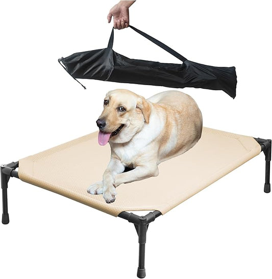 Soft Mesh Elevated Pet Bed for Large Medium Dogs Outdoor Resting Cot with Water-Resistant, Air-Permeable, Cooling and Anti-Skid Portable Dog Bed, Up to 80 lbs,33.3" L x 25.2" W x 6.9" H, Beige